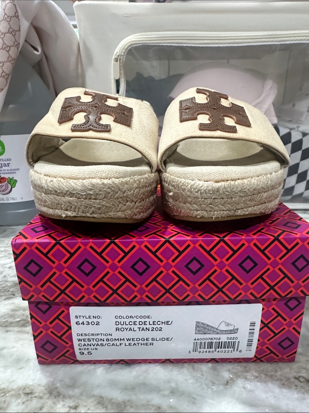 Authentic Tory Burch Dulce de Leche Canvas Wedge Slides with Brown Logo size 9